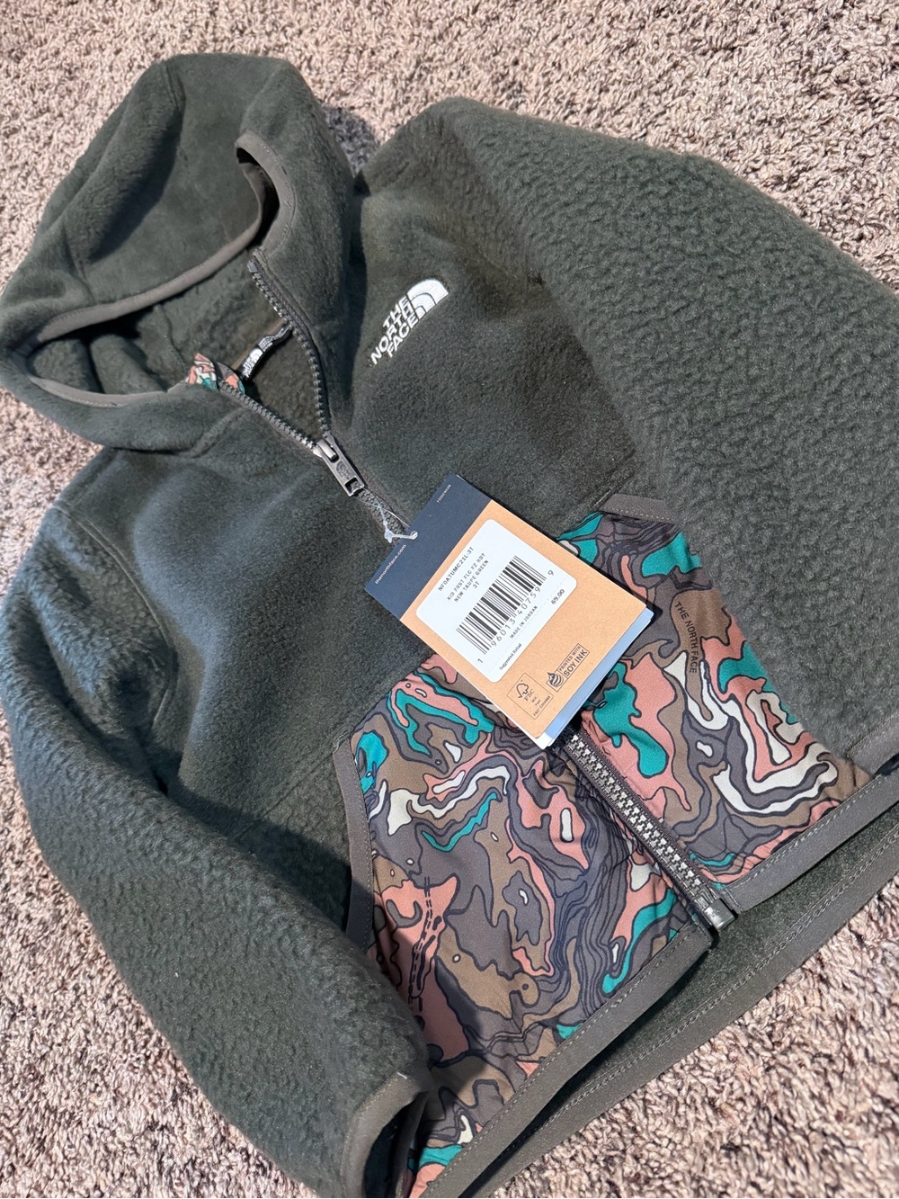 The North Face Kids' Green Fleece Jacket with Patterned Pockets